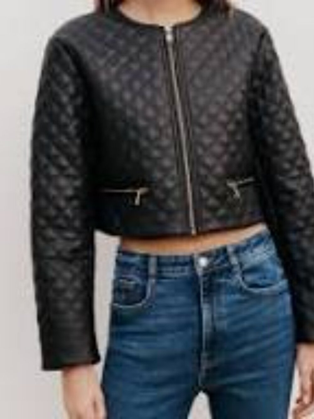 Zara Black Faux Leather crop Quilted Jacket Size Large - Picture 3 of 9